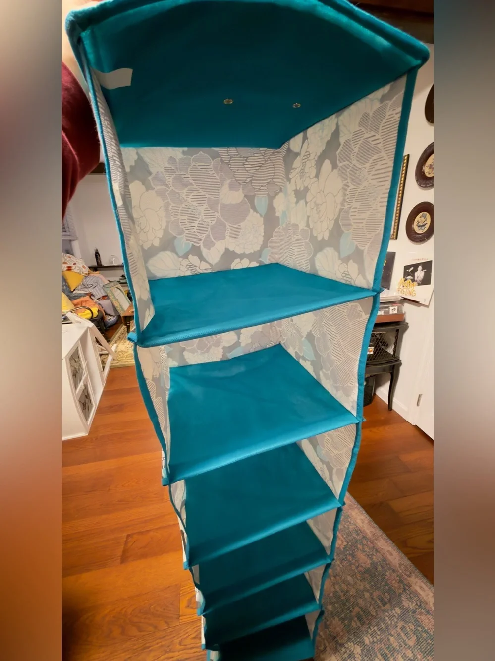 Turquoise Floral Fabric 6-Compartment Hanging Closet Organizer- Teen/Dorm/Home